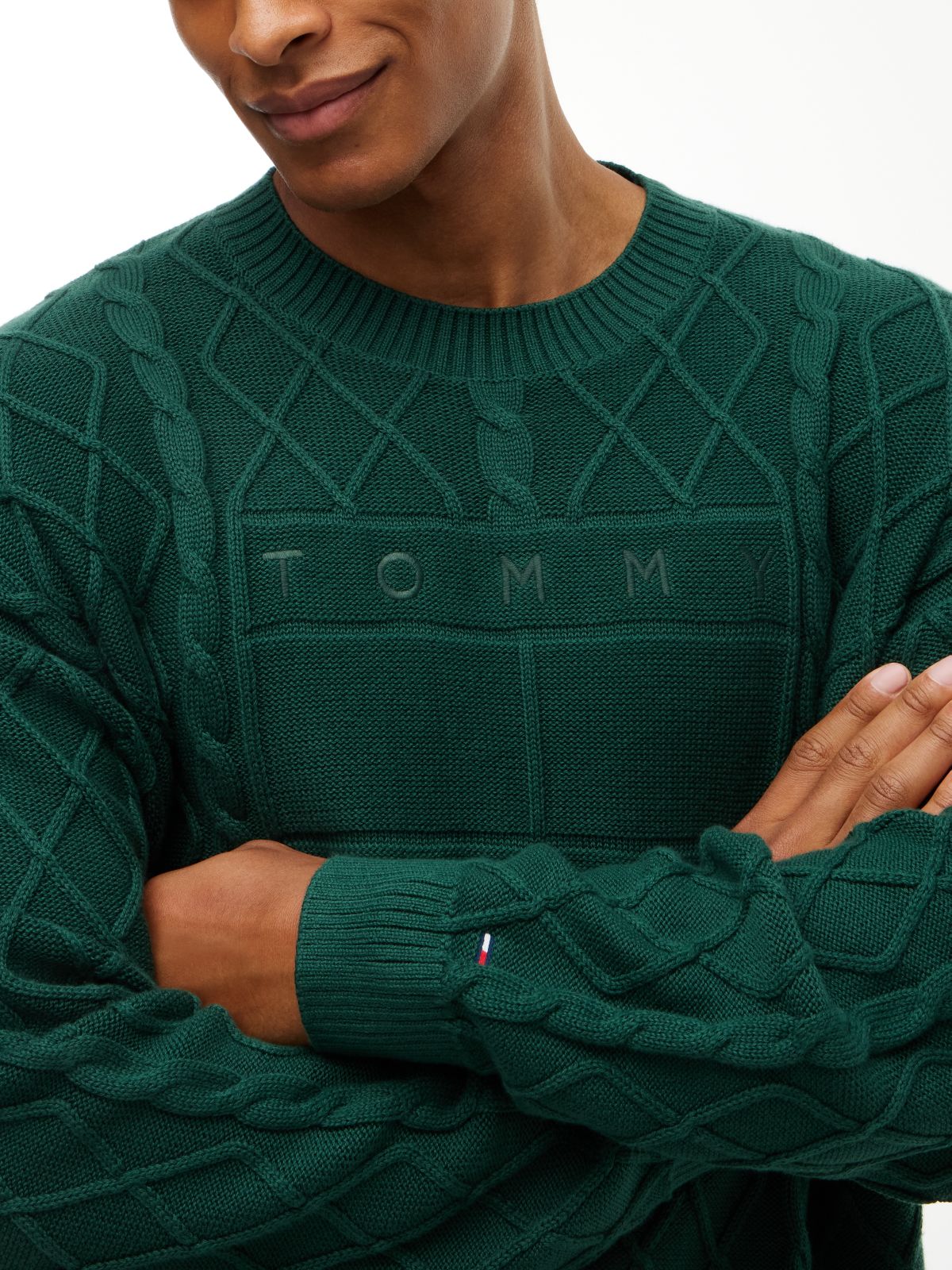 Tommy Jeans Flag Logo Cable Knit Sweater — Velvet Green