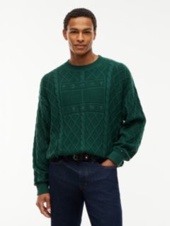 Tommy Jeans Flag Logo Cable Knit Sweater — Velvet Green 1