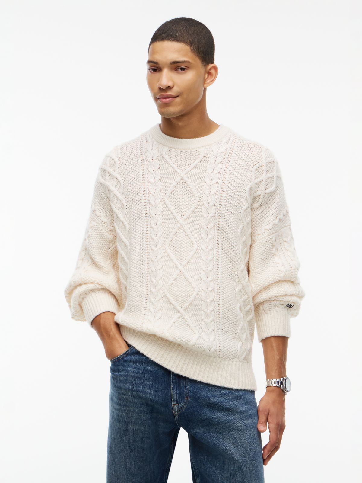 Tommy Jeans Cable Knit Wool Sweater — Cream