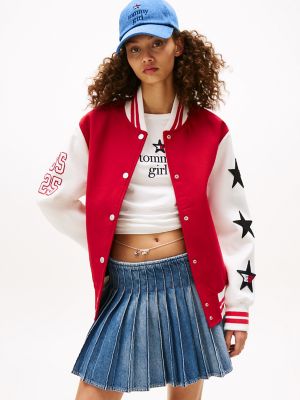 Tommy Girl Heart Logo Varsity Jacket, Primary Red / Ecru