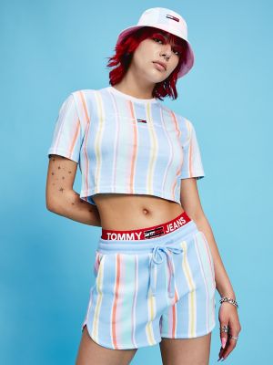 Tommy Hilfiger Women's Organic Cotton Stripe Crop T-Shirt Light Powdery Blue / Stripe - XL