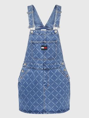 Grid Print Overall Dress, Denim Light