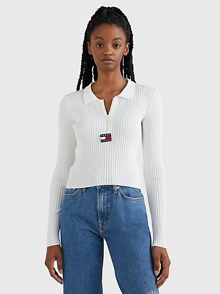 타미 진스 TOMMY JEANS Quarter-Zip Solid Ribbed Sweater,WHITE