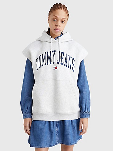 타미 진스 민소매 후드티TOMMY JEANS Collegiate Oversized Short-Sleeve Hoodie,GREY