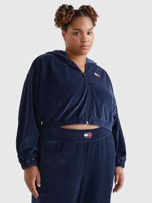 Curve Velour Badge Cropped Zip Hoodie, Twilight Navy