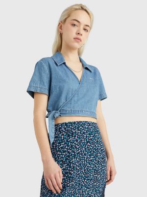 Cropped Chambray Wrap Shirt, Denim Medium