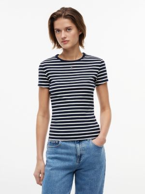 Tommy Jeans Slim Stretch Ribbed T-Shirt, Navy Blue / Ecru Stripe
