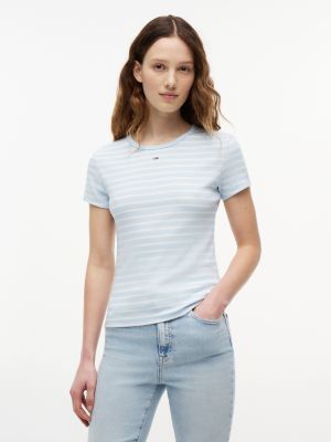 Tommy Jeans Slim Stretch Ribbed T-Shirt, Light Blue Stripe