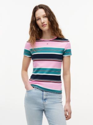 Tommy Jeans Slim Stretch Ribbed T-Shirt, Pink Daisy / Multi Stripe