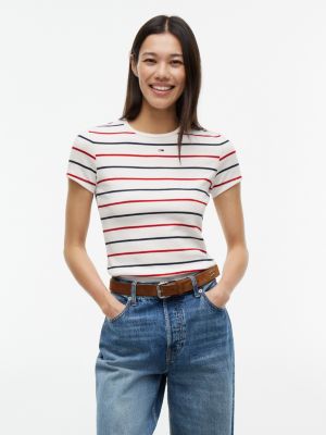 Tommy Jeans Slim Fit Striped T-Shirt, Ecru / Multi Stripe