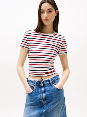 T-shirt côtelé extensible coupe étroite Tommy Jeans, blanc / rouge / rayures bleu marine