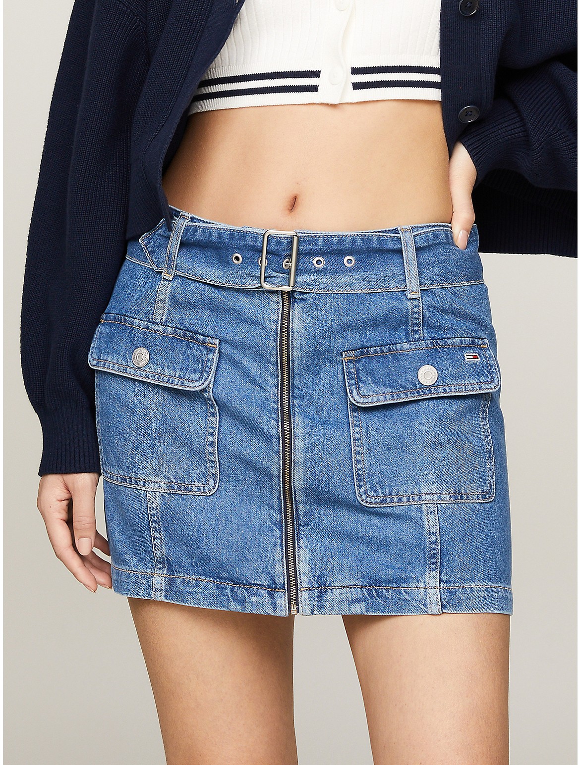 Tommy Hilfiger Women's Denim Belted Zip A-Line Mini Skirt