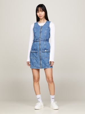 Sleeveless Belted Zip Denim Mini Dress