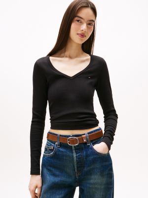 Tommy Jeans Rib-Knit V-Neck T-Shirt, Black