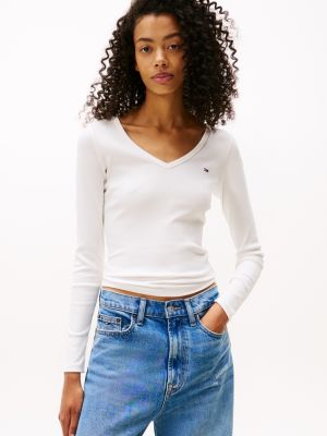 Tommy Jeans Rib-Knit V-Neck T-Shirt, Ecru
