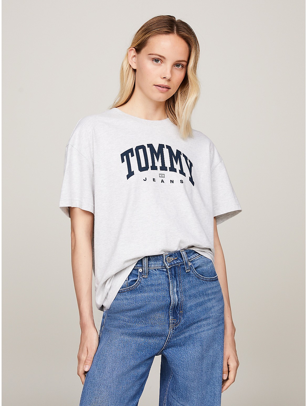 Shop Tommy Hilfiger Oversized Fit Varsity Logo T In Silver Grey Heather