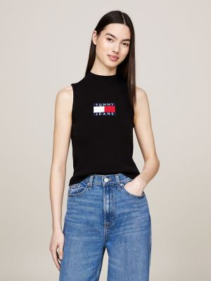 Sleeveless Mockneck Logo Sweater, Black