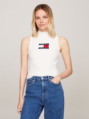Sleeveless Mockneck Logo Sweater, Ancient White