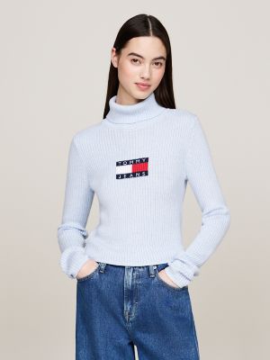 Tommy Hilfiger Women s Cropped Slim Fit Turtleneck Sweater Blue Xs