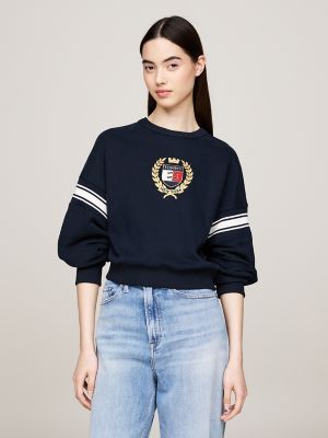 Embroidered Crest Boxy Fit Sweatshirt, Dark Night Navy