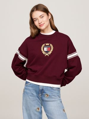 Embroidered Crest Boxy Fit Sweatshirt, Deep Rouge