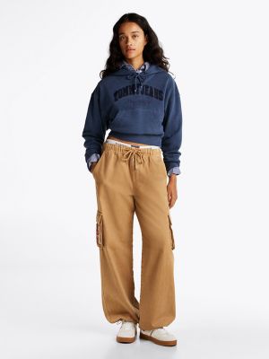 Tommy Jeans Flocked Logo Cropped Hoodie, Dark Night Navy