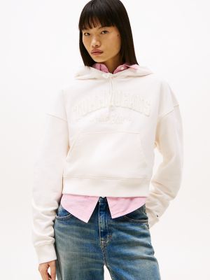 Tommy Jeans Flocked Logo Cropped Hoodie, Ancient White