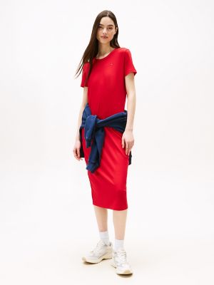Robe mi-longue moulante côtelée Tommy Jeans, rouge saphir