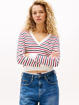 Tommy Jeans Classic V-Neck Sweater, White / Red / Navy Stripe