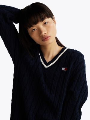 Tommy Badge Cable Knit Sweater Dress, Dark Night Navy