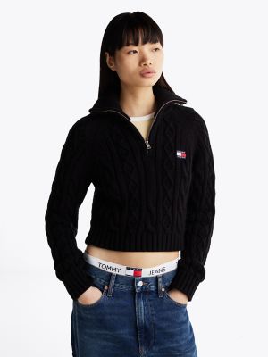 Cable Knit Quarter-Zip Sweater, Black