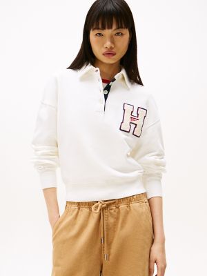 Chandail en molleton polo à logo floqué Tommy Jeans, blanc antique