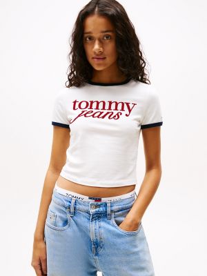 Tommy Jeans Script Logo Ringer T-Shirt, Ecru
