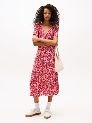 Tommy Jeans Floral Print Midi Dress, Red / Small Flowers