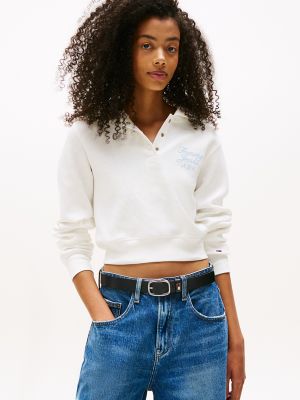 Tommy Jeans Cropped Henley Hoodie, Ecru