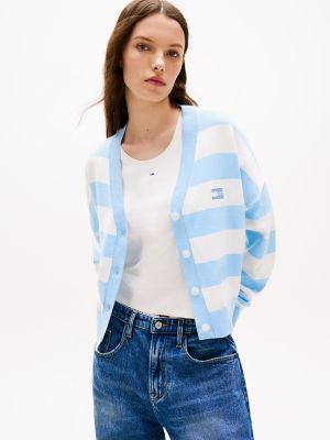Tommy Jeans Relaxed Fit Stripe Cardigan, Light Powdery Blue / Stripe