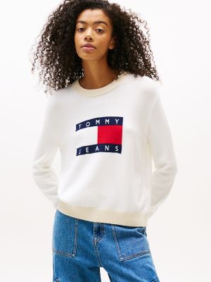 Chandail décontracté à logo drapeau Tommy Jeans, écru