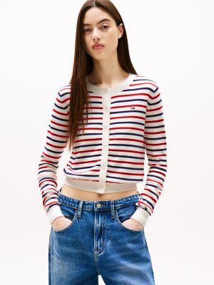 Tommy Jeans Classic Cotton Cardigan, White / Red / Navy Stripe