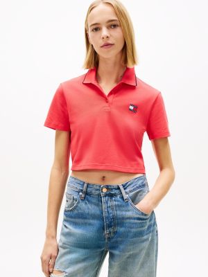 Tommy Jeans Cropped Boxy Fit Polo, Red Alert