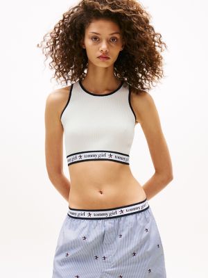 Tommy Girl Ribbed Knit Cropped Tank Top, Ecru / Desert Sky