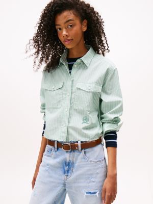 Tommy Jeans Crest Logo Cropped Shirt, Cloudy Jade