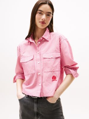 Tommy Jeans Crest Logo Cropped Shirt, Vintage Cerise