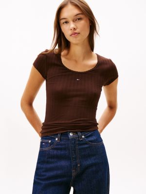 Tommy Jeans Lace-Trim Rib-Knit T-Shirt, Rich Brown