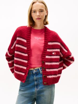 Tommy Jeans Relaxed Stripe Cardigan, Ruby Rhubarb / Stripe