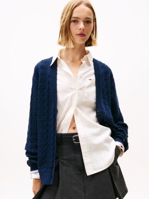 Tommy Jeans Relaxed Cable Knit Cardigan, Dark Blue