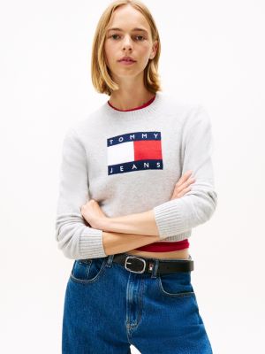Tommy Jeans Flag Allover Sequin Sweater, Light Grey Heather