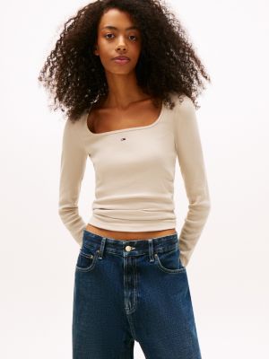 Tommy Jeans Square Neck Rib-Knit T-Shirt, Gulf Sand