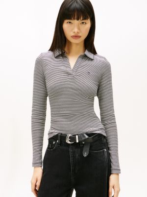 Tommy Jeans Long-Sleeve Rib-Knit Polo, Black / White Stripe