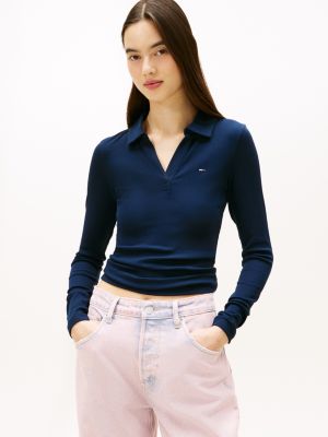 Tommy Jeans Long-Sleeve Rib-Knit Polo, Dark Night Navy