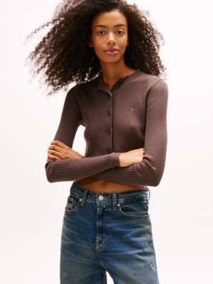 Tommy Jeans Cropped Rib Knit Cardigan, Black Walnut